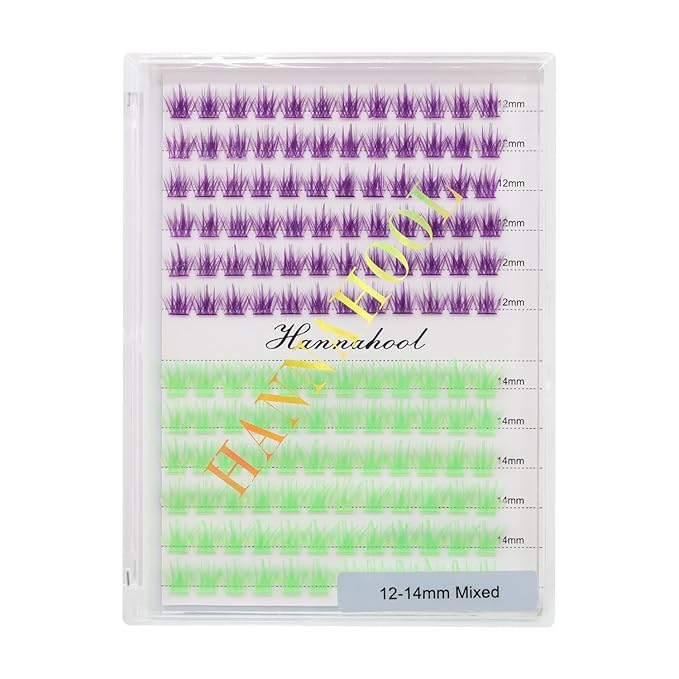 12rows-Large Tray Mixed 8-10-12-14-16mm/Mixed 14-15-16mm/Mixed14mm-16mm/Mixed 18-20mm Wide Stem Individual False Eyelashes Dramatic Black Cluster Eyelashes (LC07-Purple-green-12-14mm)