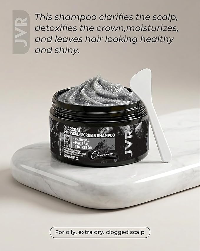JVR Scalp Scrub Shampoo Charcoal 2-In-1 Scalp Exfoliator to Clarify Build Up, Dexofiy & Purify Cleanser for Shine & Hydration - Sea Salt, Tea Tree Oil, Vegan & Cruelty Free for Dry or Oily Scalp 8.8oz