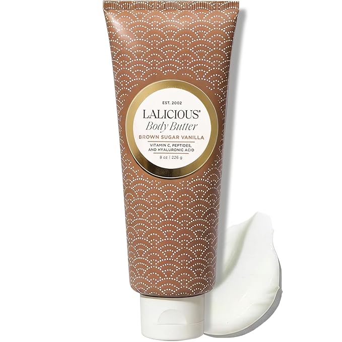 LaLicious Brown Sugar Vanilla Whipped Body Butter 8oz | Ultra-Hydrating Shea Butter Cream with Hyaluronic Acid, Vitamin C & Peptides | Deep Moisturizing Lotion for Dry Skin | Firming & Skin-Softening