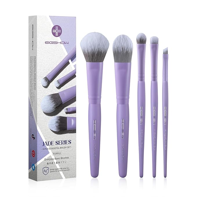 EIGSHOW Makeup Brush Set 5Pcs Basic Makeup Brushes for Powder Foundation Eyeshadow Eyeliner, Synthetic Silver Ion Bristles, Travel-Friendly, Vegan & Cruelty-Free (Matte Purple)