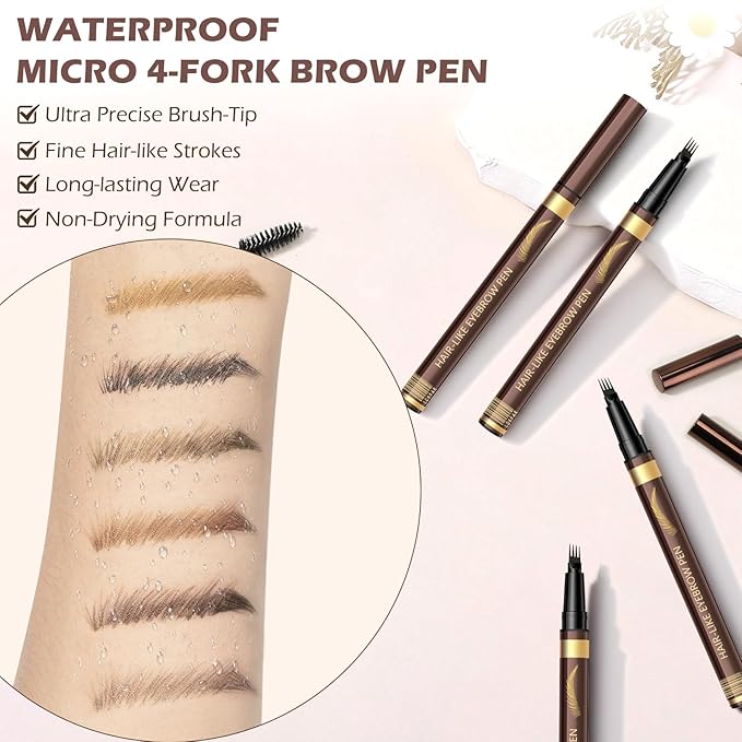 2PCS Microblading Eyebrow Pencil with Eyebrow Brush, Light Brown Eye-brow Pencils for Women, 2-In-1 Waterproof Eyebrow Pen with 4-Fork & Ultra-Precise Tips for Hair-Like Eyebrow Makeup (Light Brown)