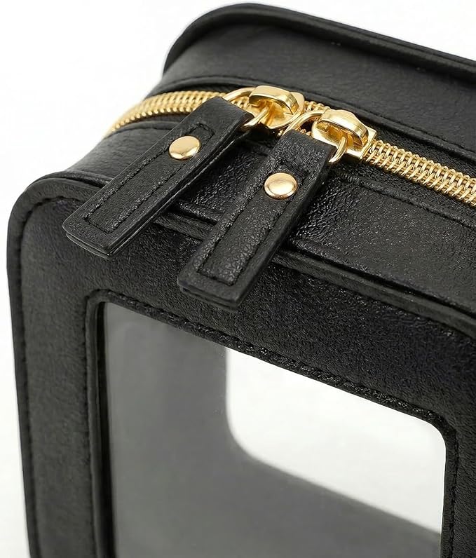 LETGO Small Makeup Bag for Purse Mini Cosmetics Bag Clear Cute Cosmetic Pouch for Women with Slip-in Pockets Car Bag for Essentials Accessories for Women Men Square Black