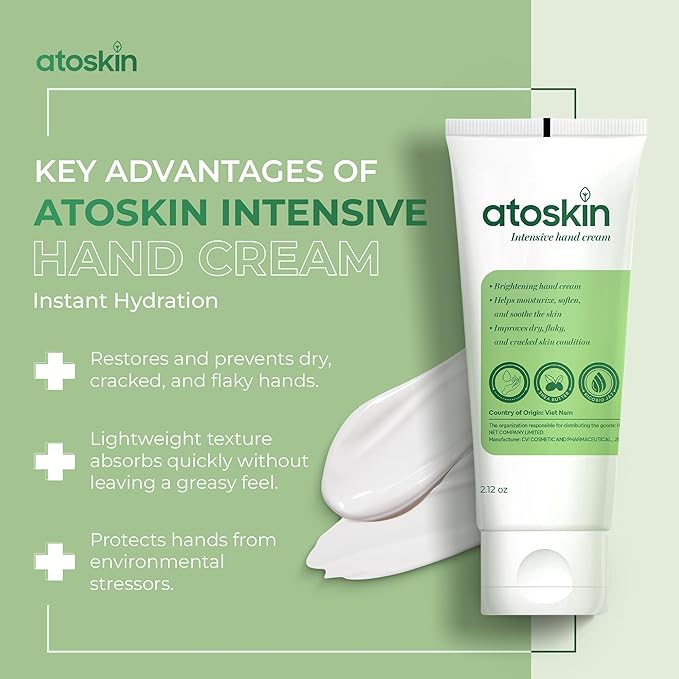 Atoskin Intensive Hand Cream – Deep Moisturizing & Brightening for Dry, Cracked, Aging Hands – Non-Corticoid Formula (2.12oz)