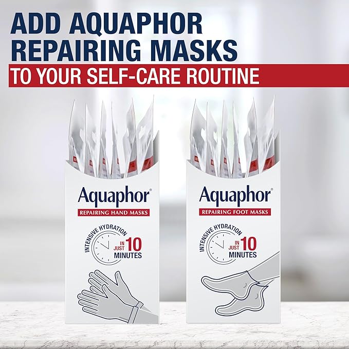 Aquaphor Repairing Hand Masks, Moisturizing Gloves for Dry Hands, Moisturizer for Dry Skin with Avocado Oil and Shea Butter, Pack of 18