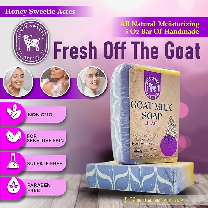 Honey Sweetie Acres Lilac Goat Milk Soap - Handmade 5 oz Bar, Made with Natural Ingredients, Moisturizing & Gentle, Made in the USA