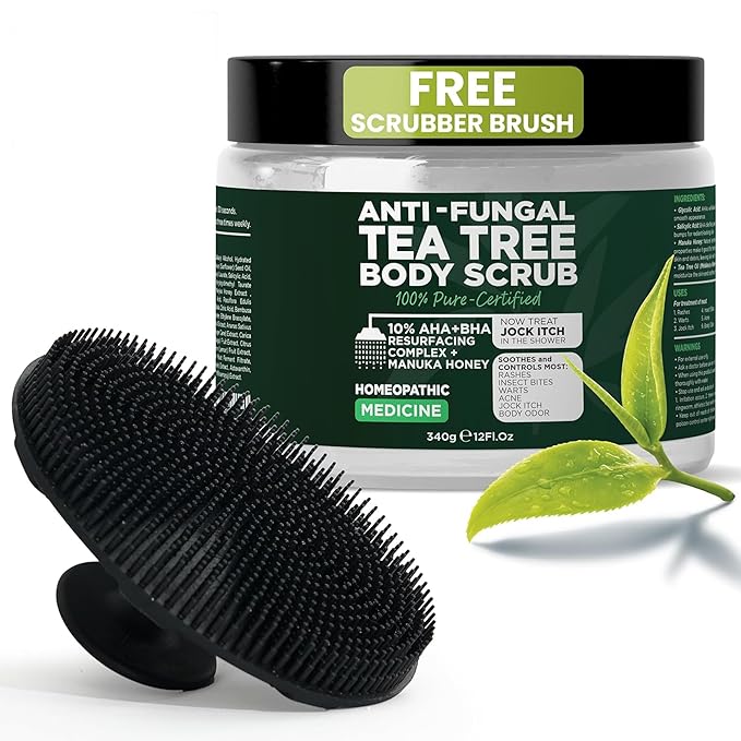Terramed Just Think Comfort Antifungal Body Scrub with Tea Tree Oil – Exfoliating Body Wash for Women & Men – Soothes Itchy Skin, Rashes, Acne, Warts & Insects Bites – 12 Fl oz with Scrubber Brush