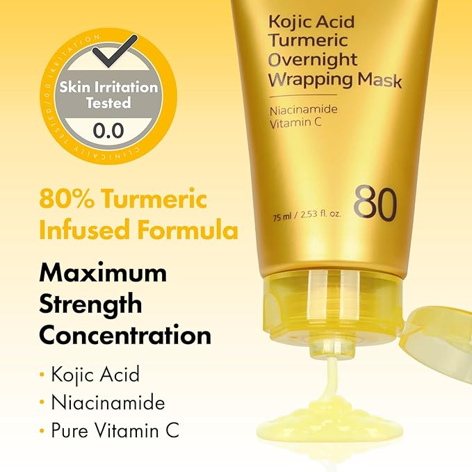 TOSOWOONG Kojic Acid Turmeric Overnight Wrapping Mask, 80% Turmeric Peel Off Facial Mask for Glass Skin, Niacinamide, Retinol & Vitamin C for Dark Spot Remover, Korean Skincare, 75 ml / 2.53 fl. oz.
