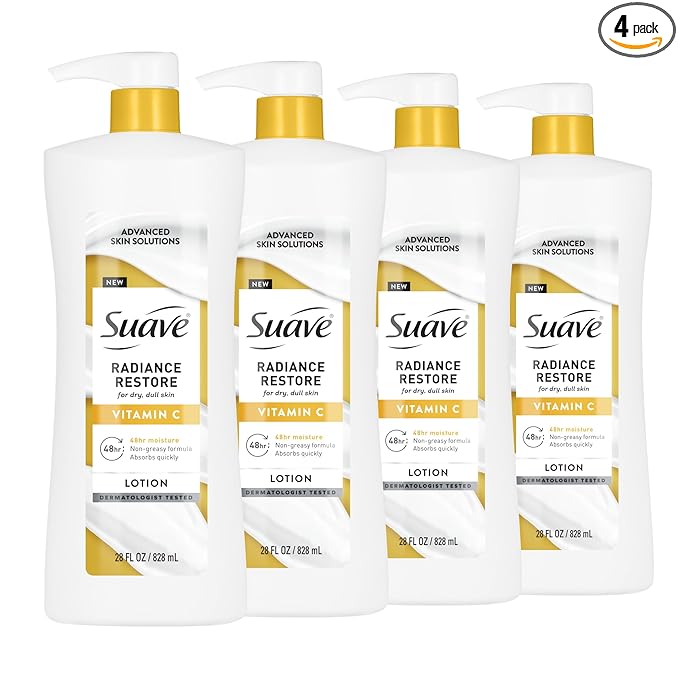 Suave Soothing Hydration Hand & Body Lotion With Aloe Vera Refreshes Dry Skin, Fast Absorbing, Intensive Moisturizing Cream For Women, Non Greasy, Allergen Free, 28 FL OZ, 4 Pack