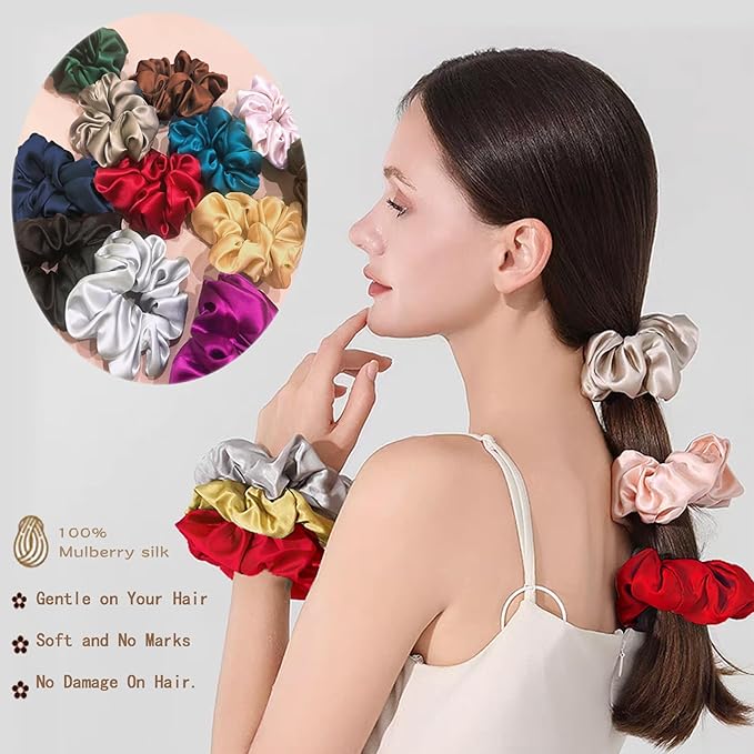 100% Pure Mulberry Silk Hair Scrunchies, 16 Momme Silk Scrunchies, Silk Hair Ties for Women Girls Curly Thick Thin Hair, Black Satin Sleep, 1 Count (01 red)