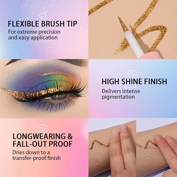 ADMD 6 Colors Liquid Glitter Eyeliner Set, Waterproof Shimmer Eyeshadow,Eyeliners Long Lasting Smudge Proof Makeup Kit