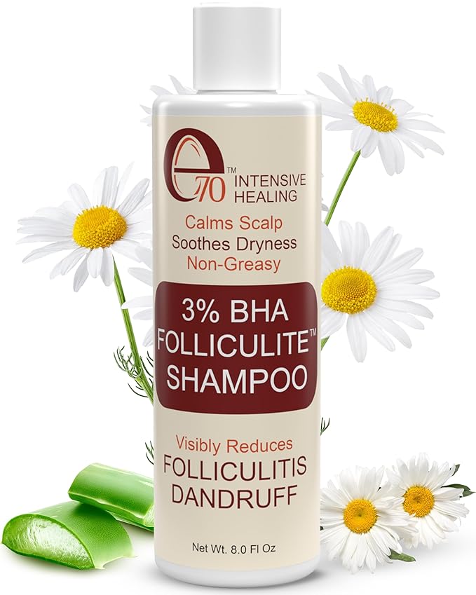 Folliculitis Treatment Shampoo with 3% BHA, Salicylic Acid, Tea Tree Oil & Chamomile Extracts - Anti Itch Shampoo for women & men with Irritated Flaky Scalp Treatment, Made in USA by e70, 8 fl oz