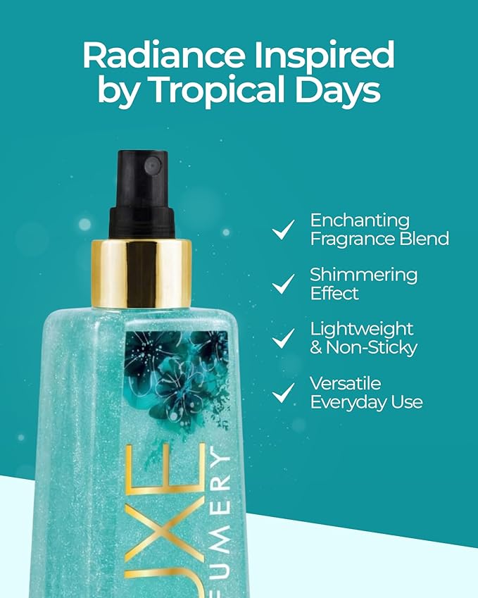 Luxe Perfumery Fiji Dreams Shimmer Body Mist – Body Glitter Spray with Coconut, Lily of the Valley & Vanilla Orchid Notes, Radiant Glow Shimmer Spray for Women, Gift for Her, Made in USA, 8 fl oz