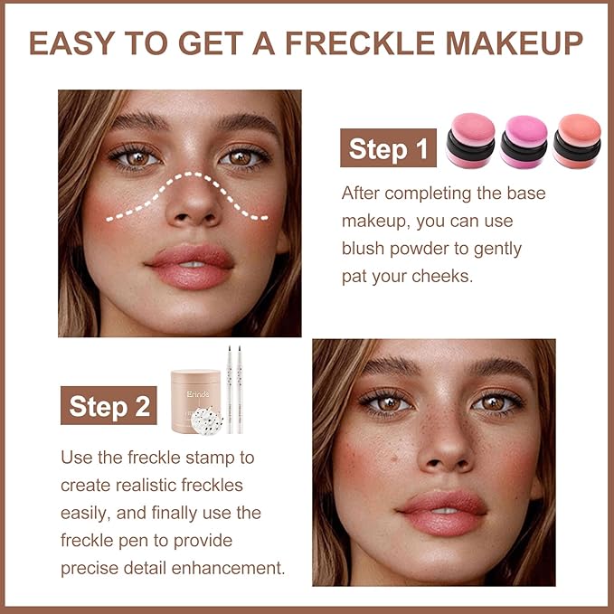 Erinde Natural Freckle Foundation Makeup Kit - Liquid Freckle Pen & Fake Freckles Stamp Air Cushion & Powder Cushion Blush, Long Lasting Waterproof Freckles Tattoo Marker for Natural Sunkissed Makeup
