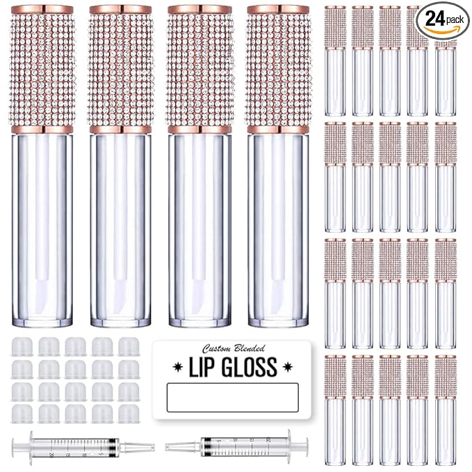 AMORIX 24 Pack Crystal Rhinestone Lip Gloss Tubes with Wand 5ml Empty Containers + Syringes + Labels