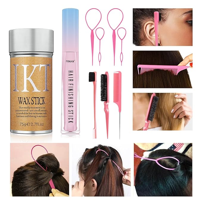 FUNAN 9Pcs hair finishing stick Set with hair finishing stick, hair wax stick, Hair Tail Tools, Hair Comb Kit for Woman Girl Hair Styling, Non-Greasy and Non-Sticky, Edge&Back Brushing(Pink)