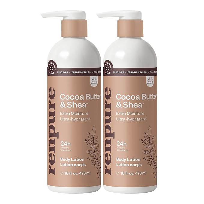 Renpure Cocoa Butter & Shea Butter Ultra-Hydrating Body Lotion – 24HR Moisturization – Rich & Creamy Formula - For Dry to Very Dry Skin - Cocoa Butter and Shea Butter - 16 Fl Oz Each, 2 Pack