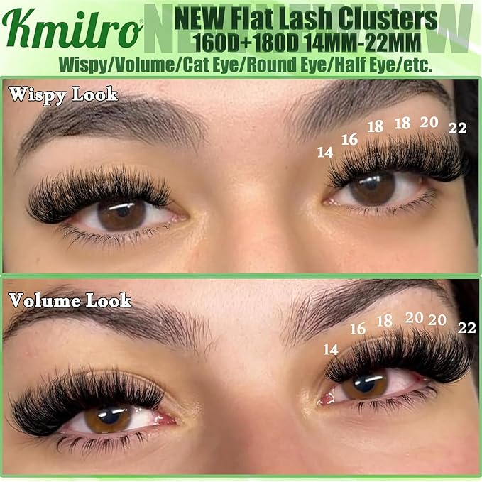 Volume Lash Clusters 160D+180D Flat Eyelash Clusters Thick 14-22mm Cluster Eyelash Extensions 280Pcs Wispy Individual Lashes Soft Waterproof False Eyelashes DIY Lash Extension