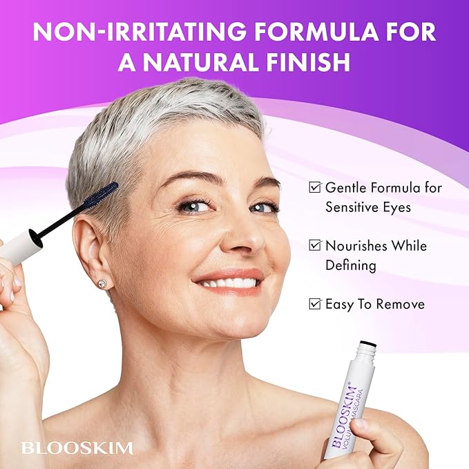 Blooskim Mascara for Older Women 60 Plus: Black Prime Lash Mascara - Prime Mascaras for Mature Women Makeup - Hypoallergenic Non-Clumping Formula for Sensitive Eyes, 5.5g - 2Packs