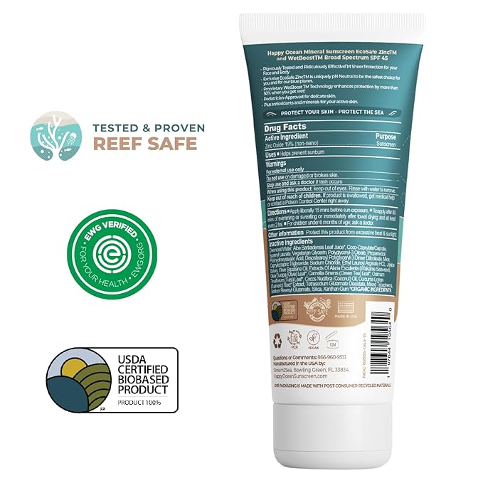 Happy Ocean Kids Mineral Sunscreen SPF 45 – Reef Safe, Non-Toxic for Babies & Toddlers, Zinc Oxide, Water Resistant, Travel Size, Face & Body