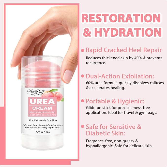 60% Urea Cream plus 2% Salicylic Acid - Maximum Strength Foot & Hand Cream Stick for Dry Cracked Heels, Callus Remover, Dead Skin Exfoliator & Moisturizer with Peach Scent - 1.41oz