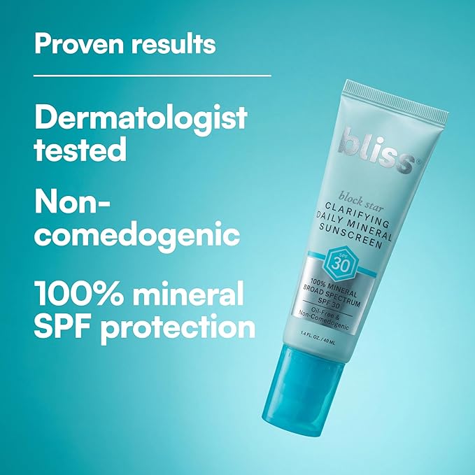 Bliss Block Star Clarifying Daily Mineral Sunscreen Broad Spectrum SPF 30, Blendable Pore Safe Formula for Blemish Prone Skin with Salicylic Acid and Witch Hazel, 1.4 Fl Oz