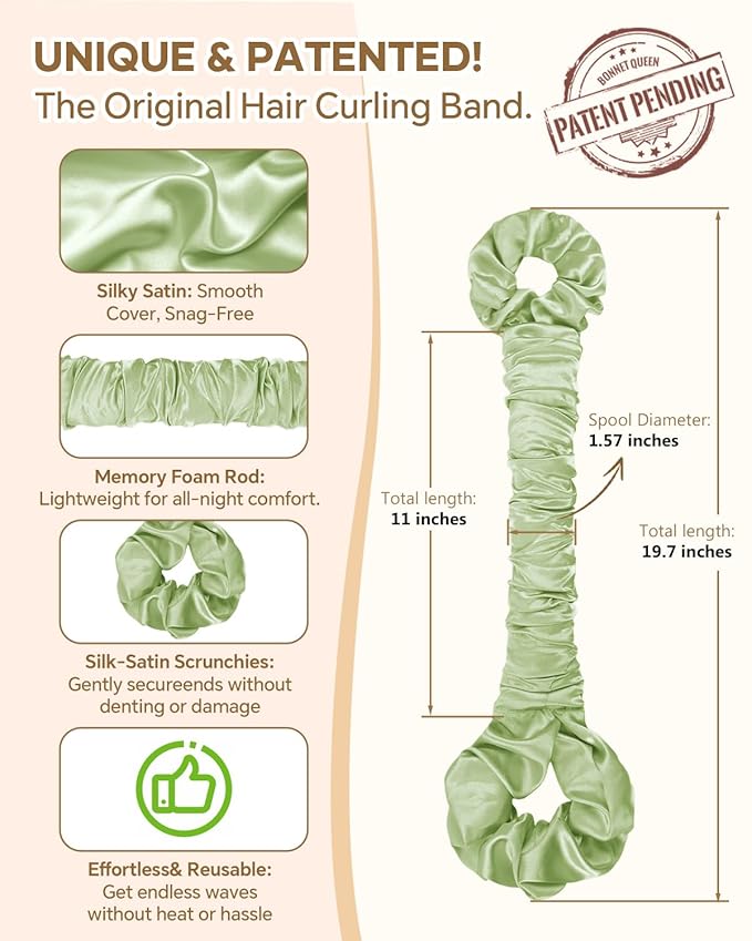 BONNET QUEEN Satin Heatless Hair Curler, Overnight Curls for Long Hair, Ultra Soft Daily Use of Hair Accessories & 2 Scrunchies, Damage-Free Styling, Soft Hair Curlers for Overnight, Sage