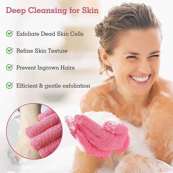 Evridwear Exfoliating Glove Shower Gloves Exfoliate Dead Skin for Dry Sensitive Skin No Irritation with Hanging Loop (Hot Pink Deep Exfoliation)