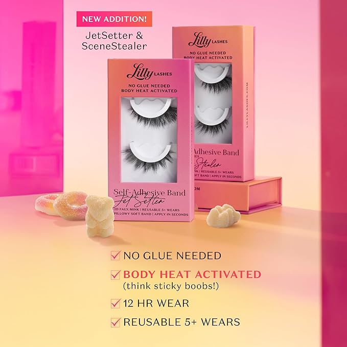 Lilly Lashes 3D Self Adhesive Eyelashes, No Lash Glue Needed, Body Heat Activated Press on Lashes, Reusable Self Adhesive Eyelashes Up to 5x, Easy to Apply & Remove (JetSetter)