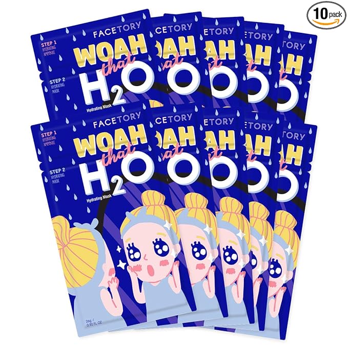 FACETORY K Beauty Face Mask Skin Care - Woah That H2O 2-Step Sheet Mask with Ceramide & Sodium Hyaluronate + Hydration Ampoule | Hydrating, Moisturizing, Balancing (10 Pack)