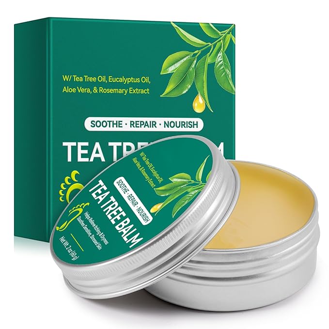 Tea Tree Balm for Dry Itchy Skin, Natural Tea Tree Oil Salve for Cracked Heels, Feet, Hands & Body, Moisturizing Herbal Skin Repair Balm with Aloe Vera, Eucalyptus, Green Tea & Vitamin E, 2 oz