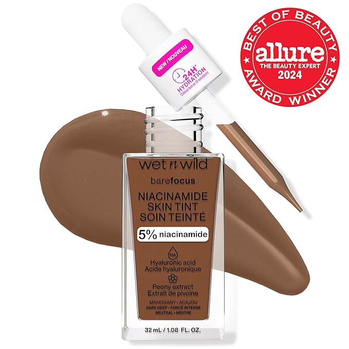 wet n wild Bare Focus Skin Tint, 5% Niacinamide Enriched, Buildable Sheer Lightweight Coverage, Natural Radiant Finish, Hyaluronic & Vitamin Hydration Boost, Cruelty-Free & Vegan-Mahogany (Pack of 2)