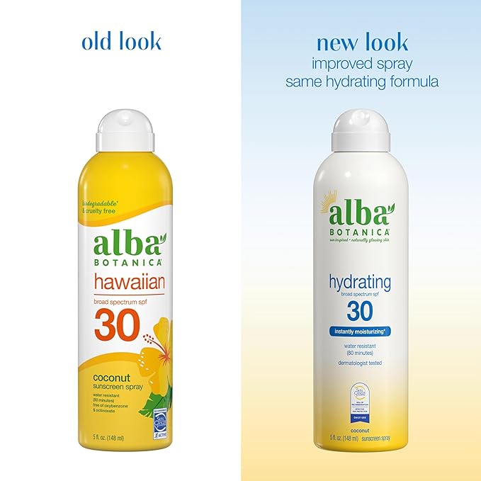 Alba Botanica Hydrating Sunscreen Spray, SPF 30 Broad Spectrum Protection, Instantly Moisturizing, Water Resistant (80 minutes), Hypoallergenic, Oxybenzone-Free, 5 Fl. Oz
