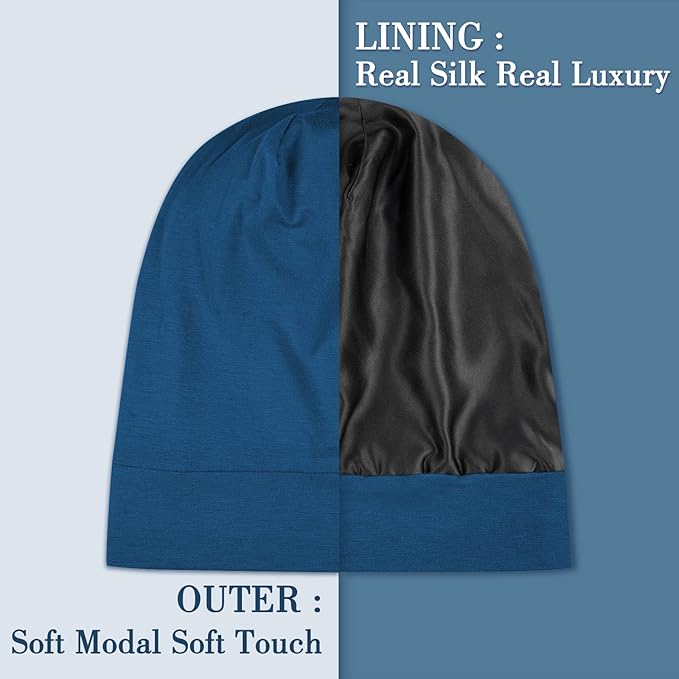 LULUSILK Mulberry Silk Bonnet for Sleeping Women, Real Silk Sleep Cap for Curly Hair and Braids, Pure Head Wrap with Scrunchies, Bijou Blue