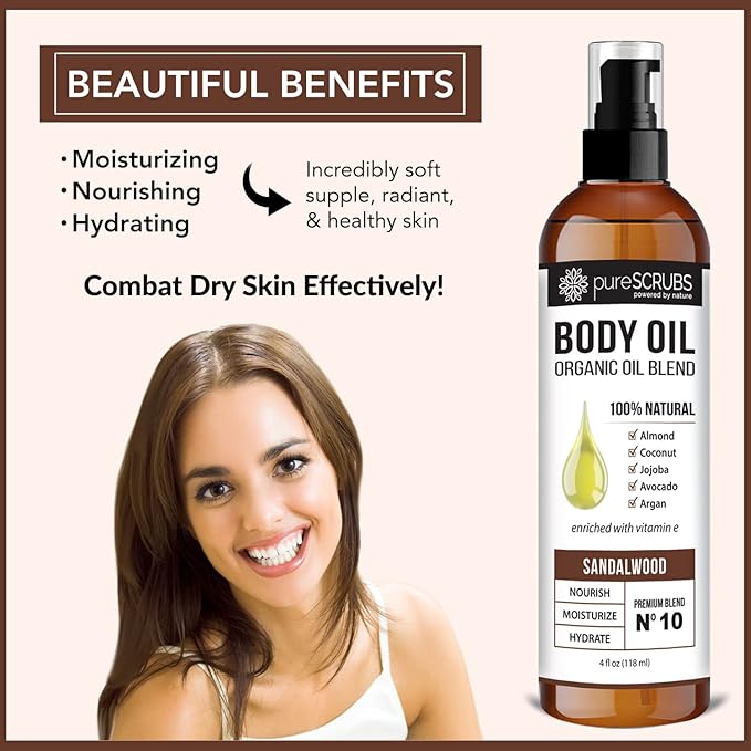 pureSCRUBS Ultra Moisturizing Sandalwood Body Oil Spray for Dry Skin, Massage, Cuticles & More, Organic Blend of Jojoba, Argan, Coconut, Sweet Almond & Avocado Oils Enriched with Vitamin E, Lg 4oz