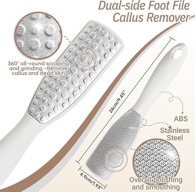 New Foot Brush & Foot File Set(2PCS), 3-in-1 Foot Scrubber in Shower, 10.2’’-27.5’’Adjustable Long Handle Foot Scrub Brush and Upgrade Foot File Callus Remover, Gift-Box Packed(White Set)