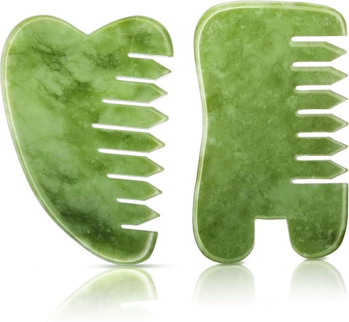 BBTO 2 Pcs Jade Comb for Scalp Massage Gua sha Comb for Head Body spa Hair Multifunctional Handheld Massage Tools(Heart, Classic Style)