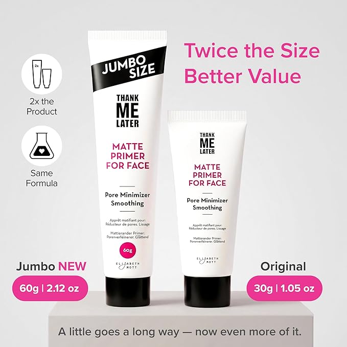 Elizabeth Mott Thank Me Later Face Primer - Mattifying Makeup Base Primer for Smooth Skin - Pore Minimizer, Smooth Fine Lines - Long-Lasting, Lightweight, Leaping Bunny Certified, Jumbo 60g (2X Size)