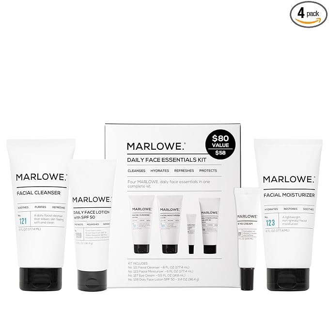 MARLOWE. Men's Skin Care Set, Daily Essential Face Kit, Purifying Facial Cleanser, Hydrating Facial Moisturizer, Revitalizing Eye Cream & Daily Face Lotion with SPF 50, Great Gift for Men, Vegan