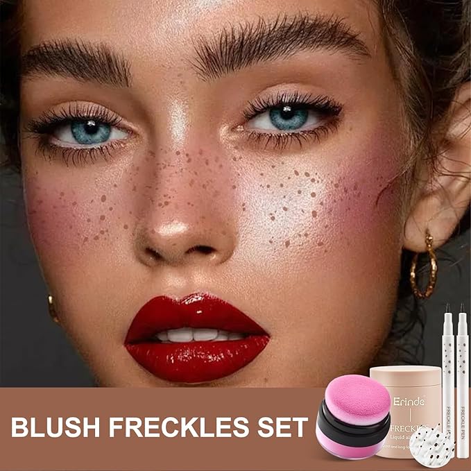 Erinde Natural Freckle Foundation Makeup Kit - Liquid Freckle Pen & Fake Freckles Stamp Air Cushion & Powder Cushion Blush, Long Lasting Waterproof Freckles Tattoo Marker for Natural Sunkissed Makeup