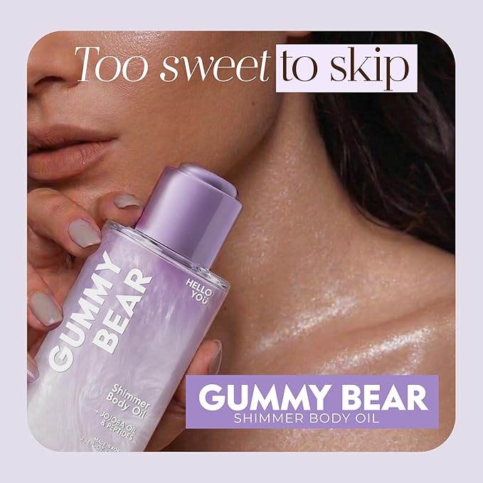 Hello You Jojoba Oil & Peptides Shimmer Body Oil – Dermatologist Tested, Anti Aging, Korean Skin Care – Hydrating Glow For Dry Skin, Smooth Radiant Finish – Clean Beauty – Gummy bear Scent, 3.38 Oz