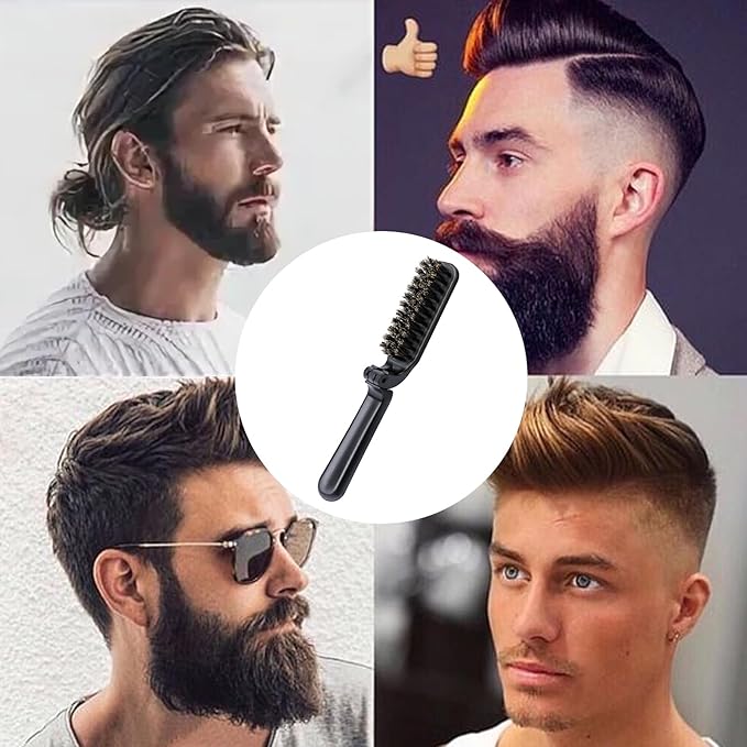 Mozeat Lens Folding Boar Bristles Brush, Collapsable Pocket Hair Brush with Natural Bristles, Anti-Static Range Hair Brush, Mini Beard Brush, Portable Hair Styling Tool for Women and Men