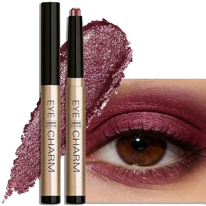 Cream Eyeshadow Stick, Shimmer Burgundy Eye Shadow for Older Women Long-Lasting Waterproof, Metallic Eyeshadow Crayon Buildable High Pigmented Sparkle Eye Highlighter sombras para ojos