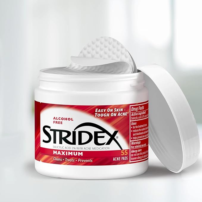 Stridex Medicated Acne Pads, Maximum, 55 Count – Facial Cleansing Wipes, Alcohol Free, Acne Treatment for Face, For Moderate Acne, Smooth Application