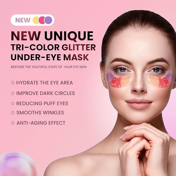 AILEORY Under Eye Patches (48 Pairs) - Tri-color Glitter Eye Gel Pads for Dark Circles, Puffy Eyes, Under eye Bags, Wrinkles | Natural Collagen Under Eye Mask Patches, Gel Under Eye Patches