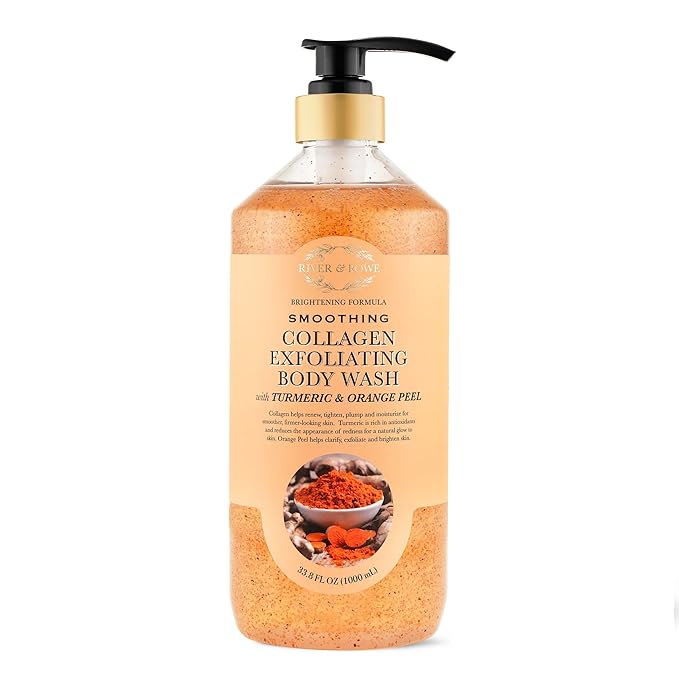 RIVER & ROWE Collagen Exfoliating Body Wash - Smoothing Daily Cleanser with Turmeric & Orange Peel for a Brightening & Soft Skin Experience, Gentle Everyday Shower Gel for Women & Men, 33.8 Fl Oz