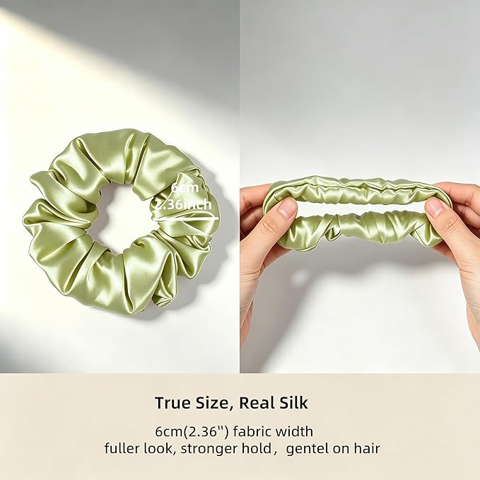 ZLYC 100% Mulberry Silk Hair Tie Scrunchie 19 Momme Gentle Creaseless Dent-Free Ponytail Holder for Women, 6cm Solid Sage Green