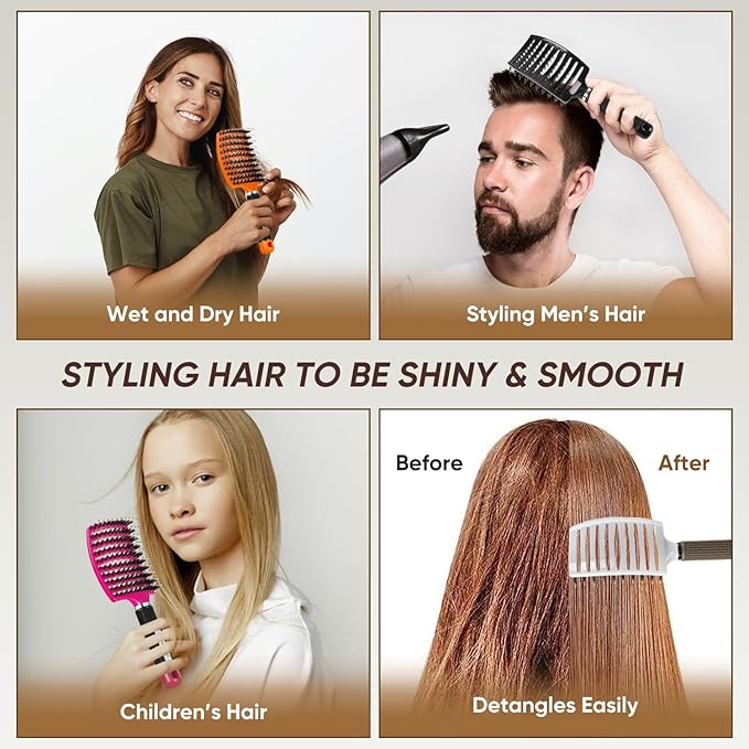 Boar Bristle Hair Brush 2PCS, Curved Vented Detangling Brush for Wet and Dry Hair, Styling Paddle Hairbrush for Women Men Kids Curly Straight Thick Long or Short Hair