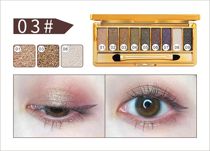 Glitter Eyeshadow Palette, 9 Colors Sparkle Shimmer and Matte Eye Shadow, Highly Pigmented Waterproof Long Lasting Makeup Set (Color 3)