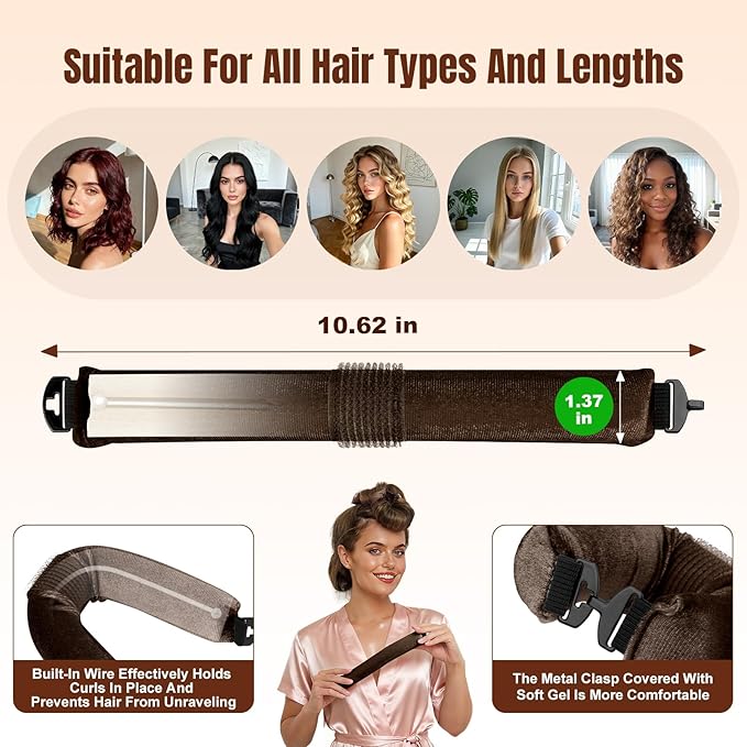 Overnight Heatless Hair Curler Satin Jumbo Flexi Overnight Curls Blowout Rods 3pcs No-Heat Styling Tools Curling Rod To Sleep In for All Hair Types - Brown
