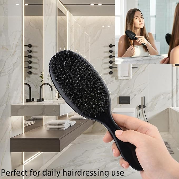Boar Bristle Detangling Paddle Hair Brush for Curly Fine Wavy Hair, Anti-frizz Painless Detangler Brush Boar Nylon Mixed Bristle Styling Hairbrush for Women Men, Less Pulling and Hair Breakage